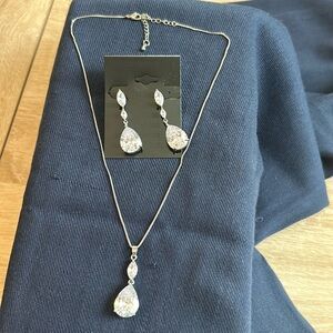 Crystal and Silver Pendant Drop Necklace and Earrings